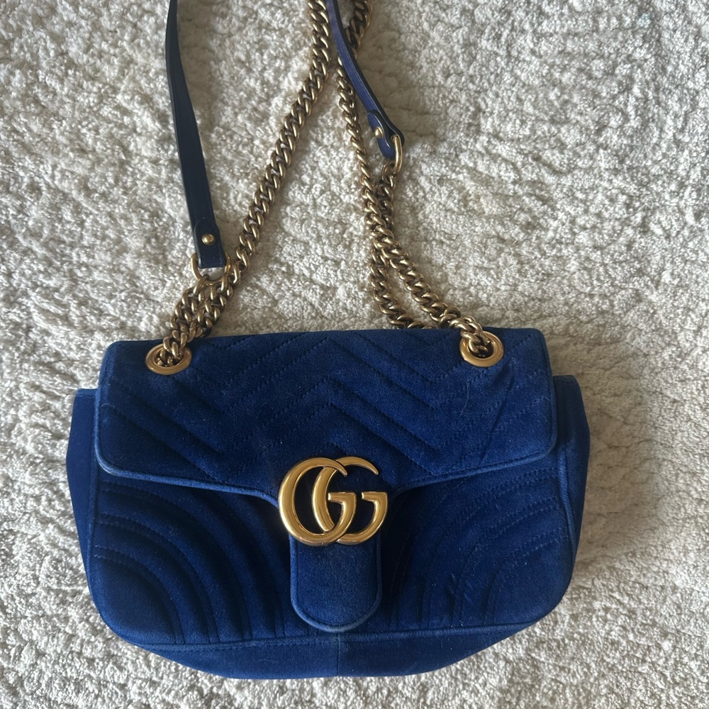 Gucci Blue and Gold Velvet Shoulder Bag with Chevron Pattern
